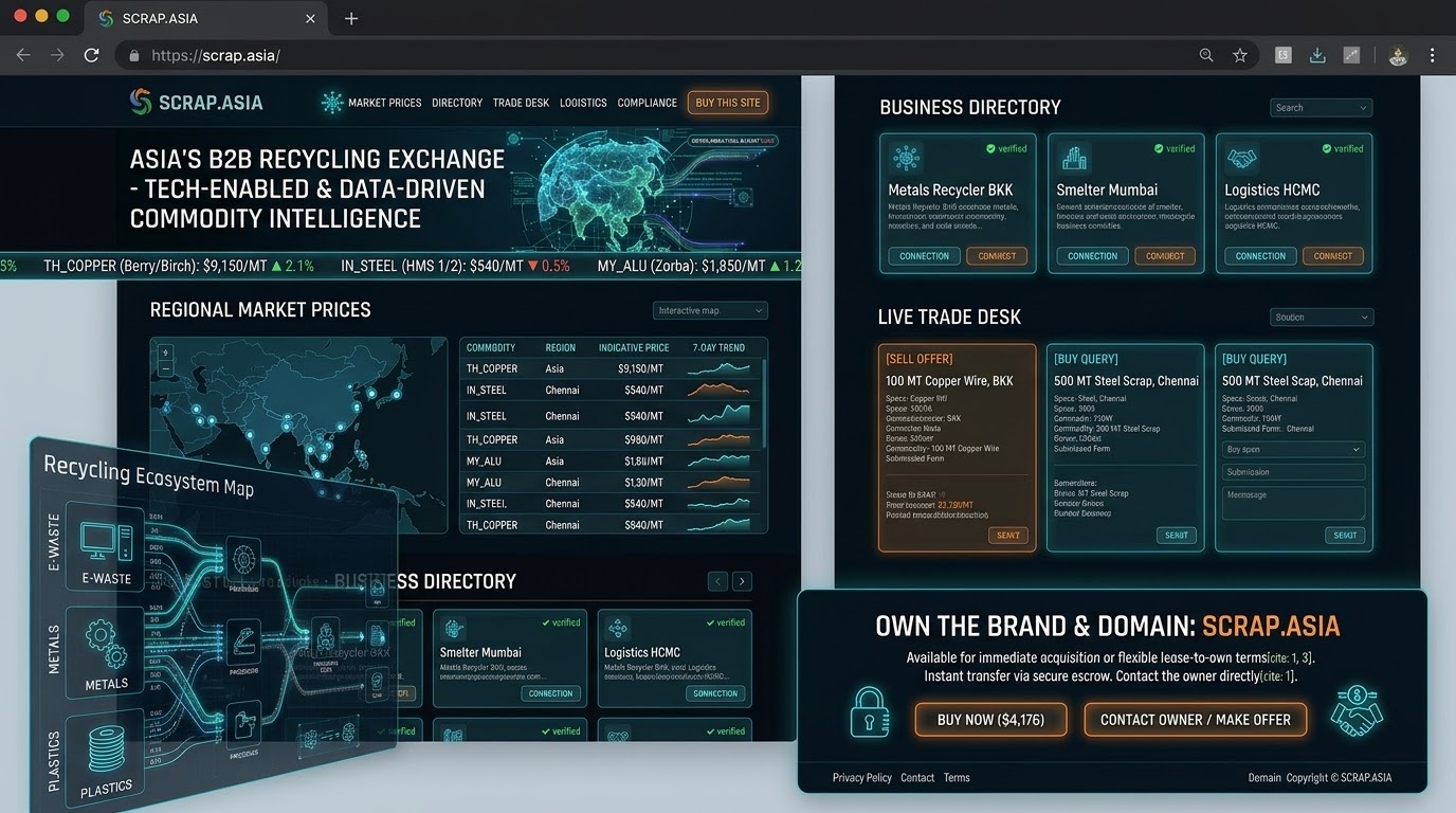 SCRAP.ASIA platform mockup showing regional market price table, verified business directory cards, a live trade desk with buy and sell offers, and an ecosystem map for e-waste, metals and plastics